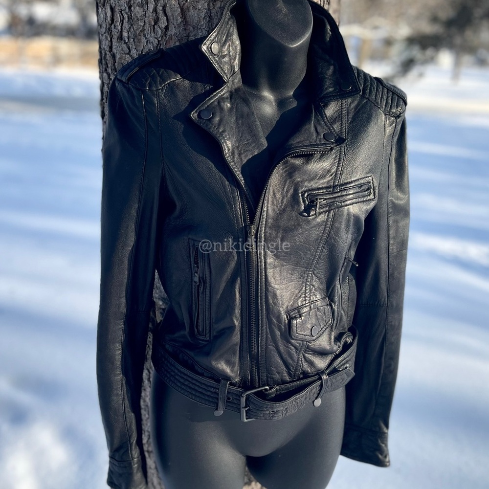 Zara Woman Genuine Leather Jacket Moto Goth Biker Padded Motorcycle y2k S XS